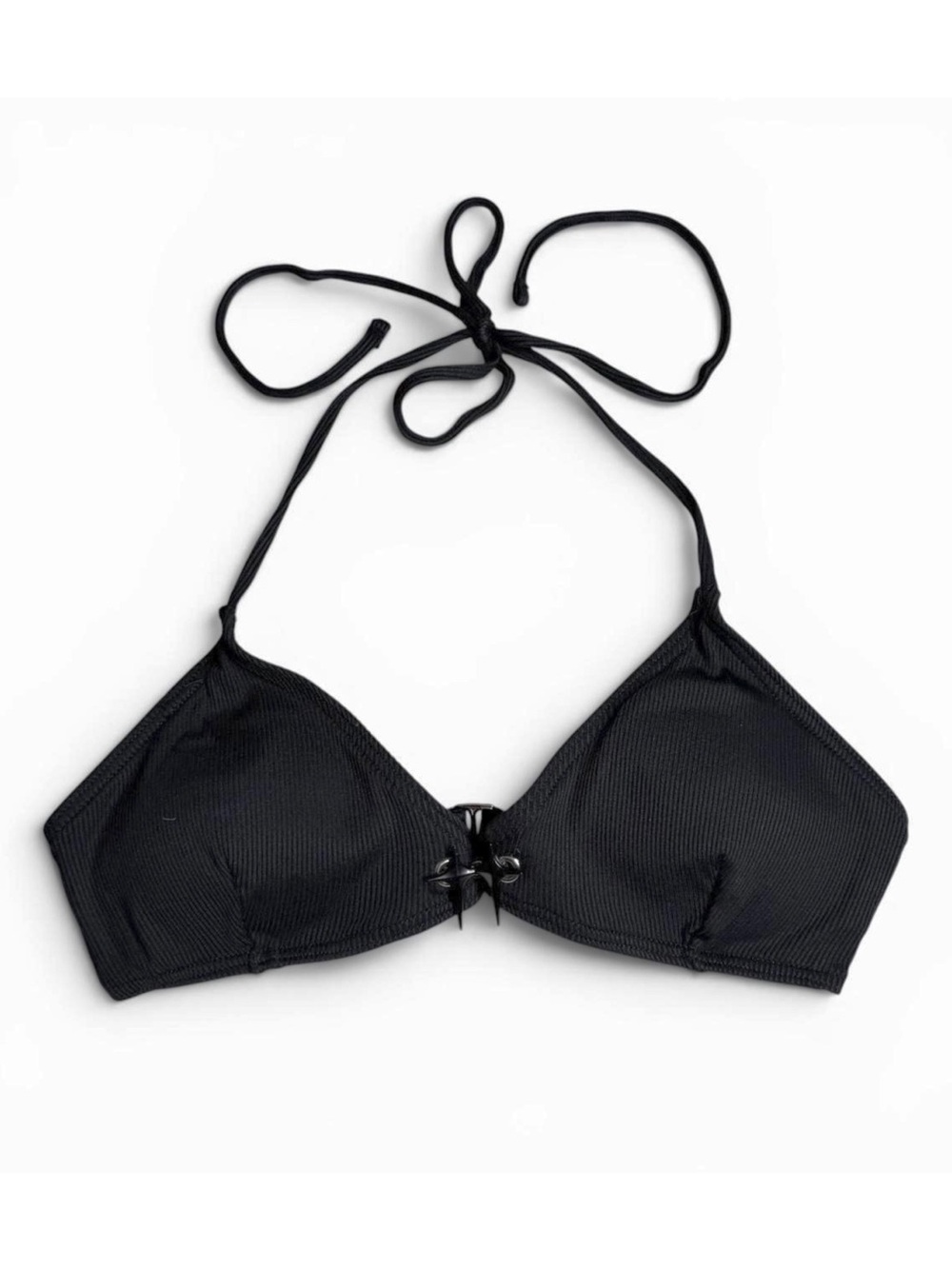 Damsel Black Ribbed Y2K Star Hardware Halter Tied Bikini Top
